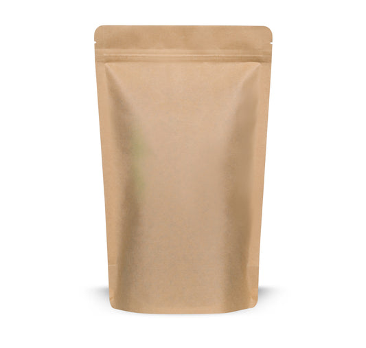 Doypack in carta kraft senza alluminio — Vista dettagliata del materiale e del laminato barriera senza alluminio, aspetto carta kraft in sezione