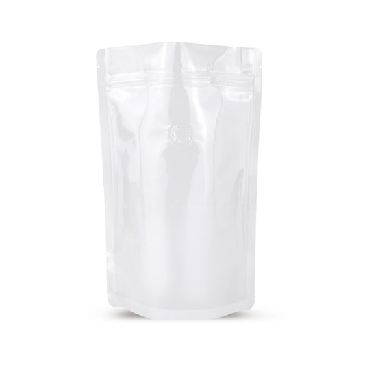Doypack bianco con valvola per la protezione dell'aroma — Vista principale del sacchetto con valvola aroma, protezione dell'aroma di Elke Plastic