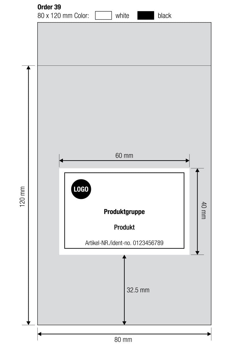 Schizzo di esempio di una produzione speciale con le dimensioni del sacchetto (80×120 mm) e dell'area di stampa (60×40 mm)