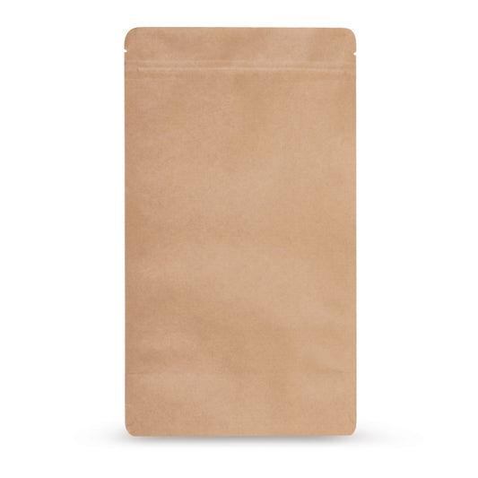 Doypack in carta kraft senza alluminio — Vista principale del sacchetto con laminato barriera senza alluminio e aspetto carta kraft di Elke Plastic