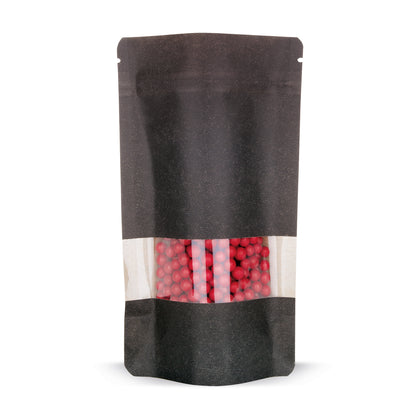 Doypack kraft con finestra trasparente nero — Vista principale del sacchetto con finestra trasparente, finitura kraft di Elke Plastic