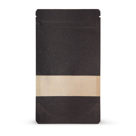 Doypack kraft con finestra trasparente nero — Vista principale del sacchetto con finestra trasparente, finitura kraft di Elke Plastic