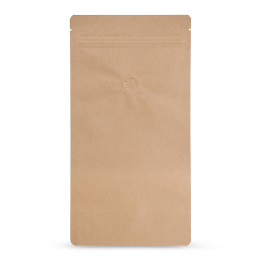Doypack kraft con valvola per la protezione dell'aroma — Vista principale del sacchetto con valvola aroma, finitura kraft di Elke Plastic