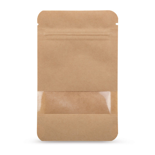 Doypack kraft con finestra trasparente — Vista principale del sacchetto con finestra trasparente, finitura kraft di Elke Plastic