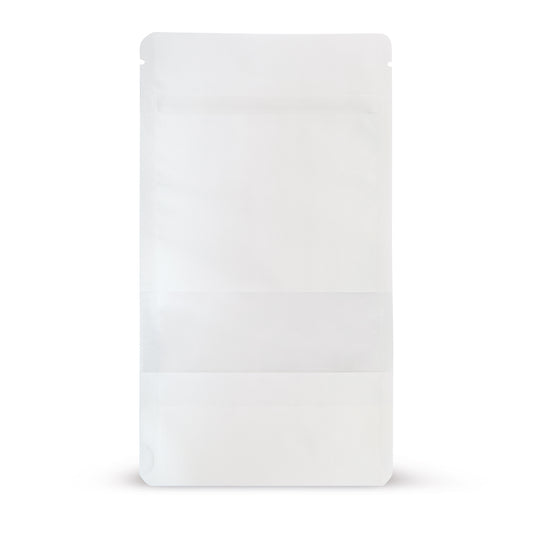 Doypack kraft con finestra trasparente bianco — Vista principale del sacchetto con finestra trasparente, finitura kraft di Elke Plastic