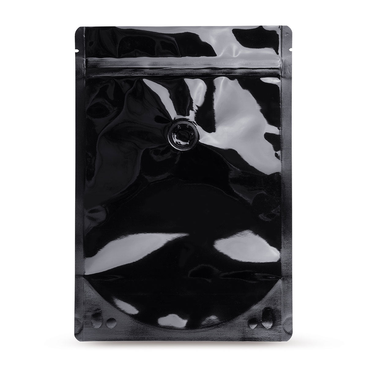 Doypack nero con valvola per la protezione dell'aroma — Vista principale del sacchetto con valvola aroma, protezione dell'aroma di Elke Plastic
